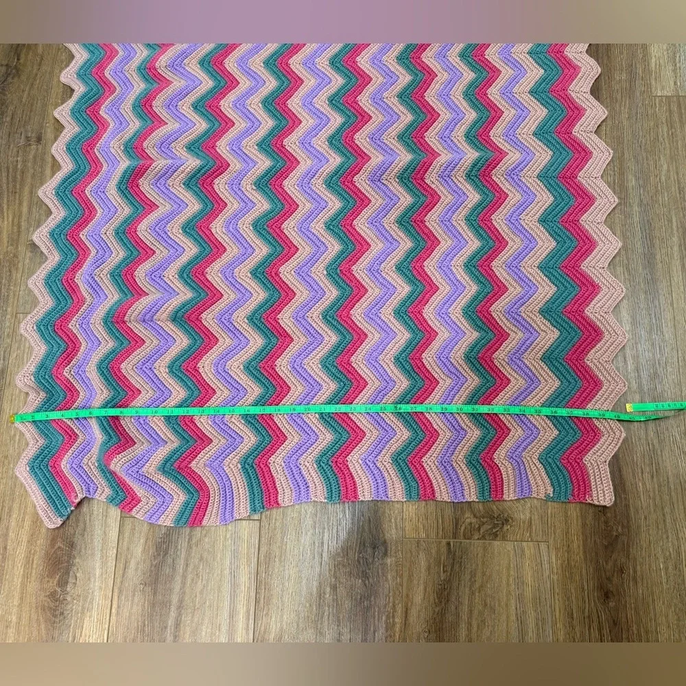 Vintage Crochet Afghan Chevron Ripple Throw Blanket Handmade Purple Teal Brown